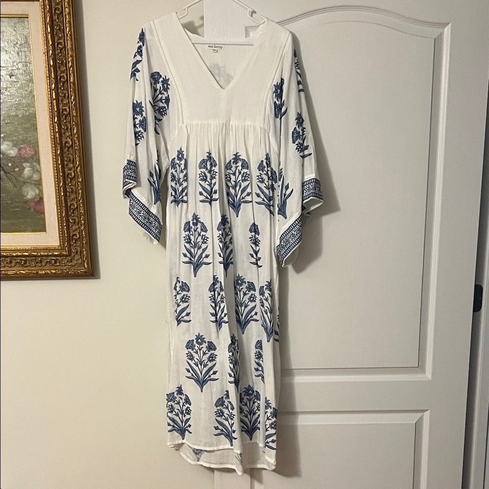 Elegant White and Blue Floral Maxi Dress